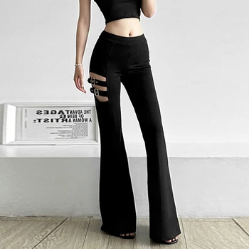 Y2k Панк выдалбливают узкие брюки-клеш в темном готическом стиле гранж, черные брюки с пряжкой, женская уличная мода с высокой талией,