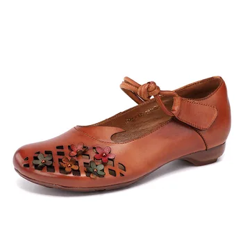 женские туфли-лодочки на среднем каблуке, натуральная кожа, квадратный каблук, круглый носок, крючок-петля, Неглубокая женская обувь в стиле ретро верблюжьего цвета