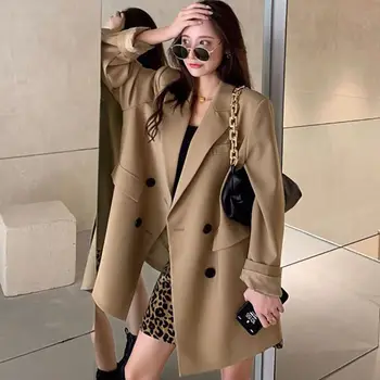 Женский блейзер цвета хаки, новая Корейская мода, свободный повседневный офисный костюм с карманами, пальто, уличная двубортная куртка