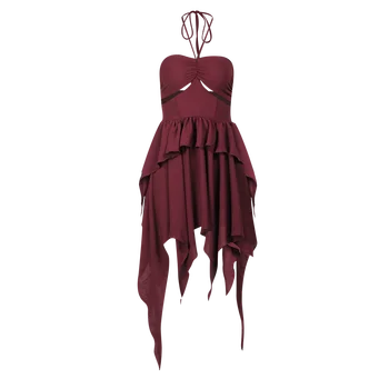 Красное готическое платье с нерегулярным вырезом на бретелях 2023, Женское сексуальное облегающее платье без рукавов с рюшами, асимметричное коктейльное мини-платье трапециевидной формы для вечеринок