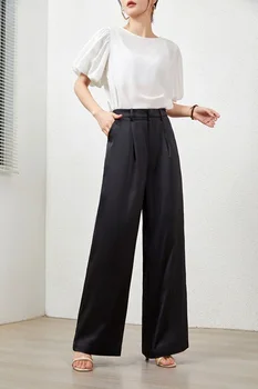 Летние атласные прямые брюки 2023, имитация шелка, черные, зеленые, розовые, корейские модные брюки для женщин, роскошная дизайнерская одежда