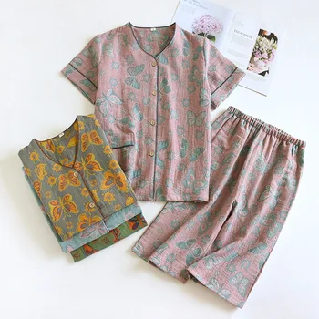Летняя пижама из чистого хлопка, женские капри с короткими рукавами и V-образным вырезом, цветной тканый вышитый комплект домашней одежды в тонком стиле.