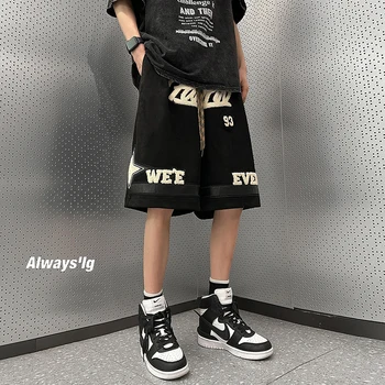 Мешковатые графические шорты Баскетбольные Пятиточечные брюки в стиле Пэчворк, Замшевые шорты, летняя уличная одежда в стиле хип-хоп с вышивкой в стиле ретро