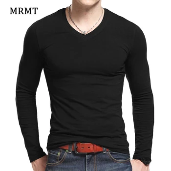 Мужская футболка из лайкры и хлопка с длинным рукавом и v-образным вырезом 2023 MRMT, Осенняя мужская хлопковая футболка, тонкая однотонная облегающая футболка