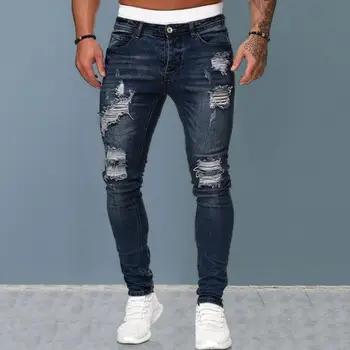 Мужские джинсы прямого кроя Стильные мужские рваные джинсы из приталенной дышащей ткани со средней талией на пуговицах и молнии для модных женщин