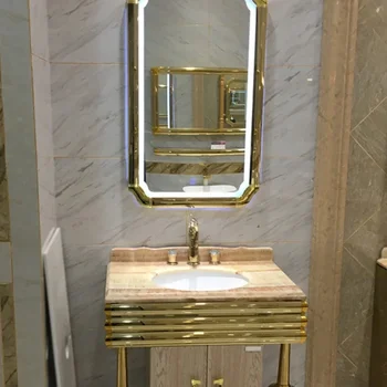 Неоклассический шкаф для ванной комнаты из нержавеющей стали с комбинированным водонепроницаемым мраморным умывальником
