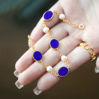 Ретро золотые инкрустированные жемчугом браслеты из лазурита Голубой овальный браслет для женщин Простые Модные и высококачественные очаровательные ювелирные изделия