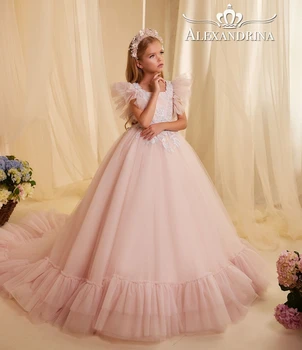 Розовые платья для девочек в цветочек с блестящей аппликацией, шлейф, детские платья на день рождения, Многоуровневые оборки, детские платья для Первого причастия
