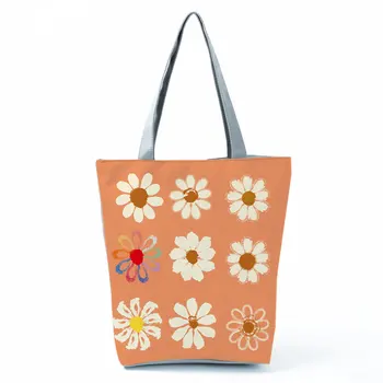 Сумки с цветочным принтом маргаритки, Эко-многоразовая сумка для покупок, женская сумка через плечо большой емкости, Оранжевая дорожная пляжная сумка для хранения