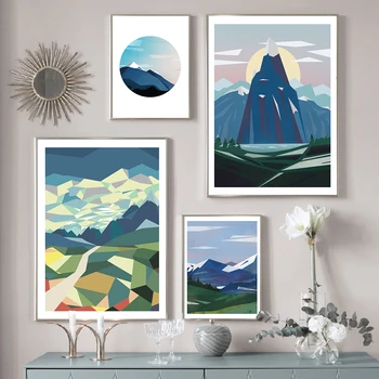 Холст с пейзажем в мультяшном стиле, горный плакат и настенное художественное изображение с принтом, современное украшение для дома